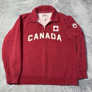 Roots Canada Red 1/4 Zip Pullover Sweatshirt Patches Embroidered Size Medium